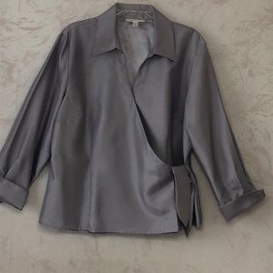 Silver shiny side wrap blouse linen look polyester